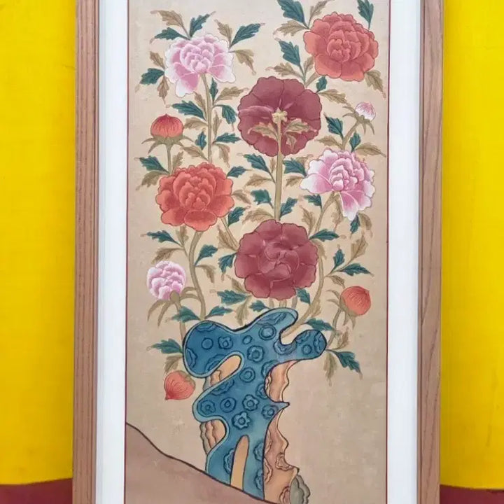 [BUNJANG] Korean Folk Painting (Minhwa) Framed Artwork - Scholar Stones and Peonies / 액자 민화 괴석모란도 (350.000원 할인30%)