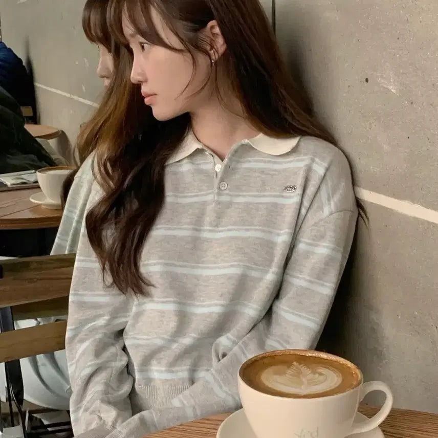 [BUNJANG] Aubein Bongbong Striped Collar Knit / 어베인 봉봉 스트라이프 카라 니트