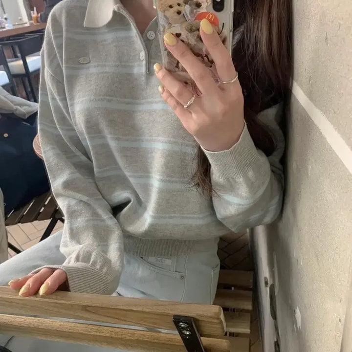 [BUNJANG] Aubein Bongbong Striped Collar Knit / 어베인 봉봉 스트라이프 카라 니트