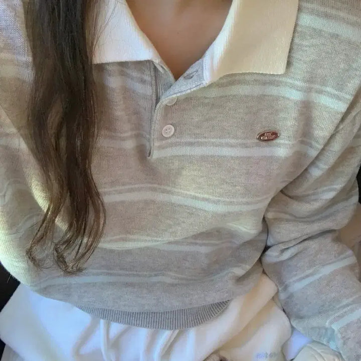 [BUNJANG] Aubein Bongbong Striped Collar Knit / 어베인 봉봉 스트라이프 카라 니트
