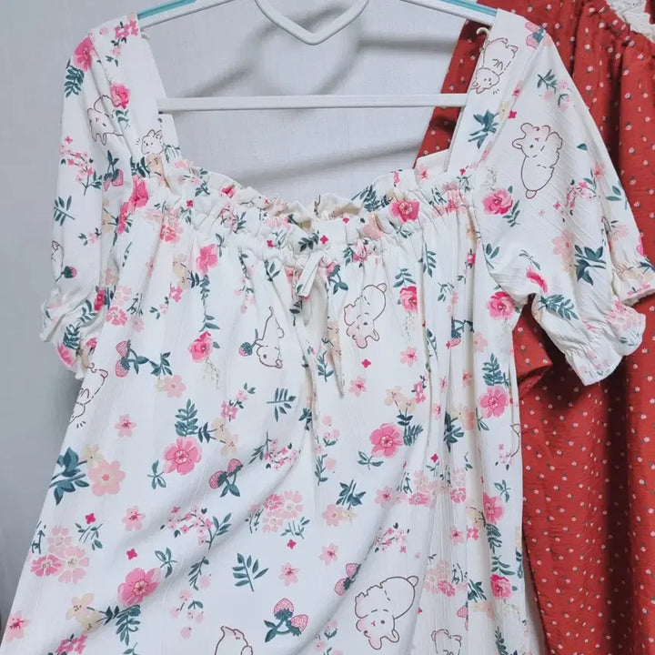 [BUNJANG] Floral/Dot Print Short Sleeve Pajama Dress Set / 꽃무늬/도트 반팔 원피스 잠옷 2종 세트