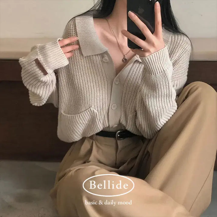 [BUNJANG] Beidelli Hacci Pocket Knit Crop Cardigan / 새상품 베이델리 하찌 카라 포켓 니트 크롭 가디건 새제품 아방 여리핏