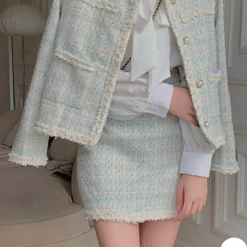 [BUNJANG] Mint Tweed Jacket Set with Pearl Embellishments / [M] 민트색 트위드 자켓 세트 진주 장식
