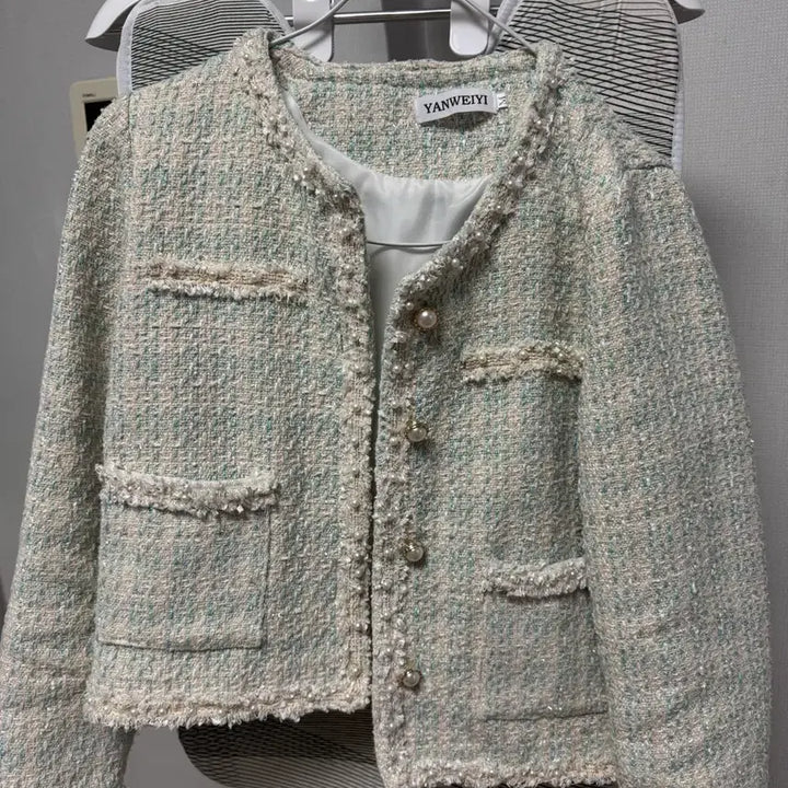 [BUNJANG] Mint Tweed Jacket Set with Pearl Embellishments / [M] 민트색 트위드 자켓 세트 진주 장식