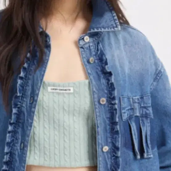 [BUNJANG] Lucky Chouette Frill Denim Shirt Blouse / 26년 초신상 럭키슈에뜨 리본 프릴 데님 셔츠 블라우스