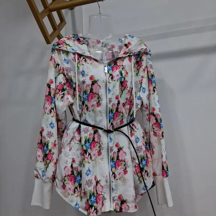 [BUNJANG] Floral Pattern Hooded Zip-up Jacket / 여성 플라워 패턴 후드집업 77까지  벨트 별도로