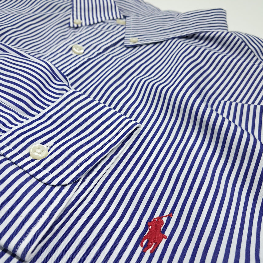 [SOLD OUT] CK132 2XLT 폴로 코튼 로얄블루 스트라이프 레드포니 셔츠 남방