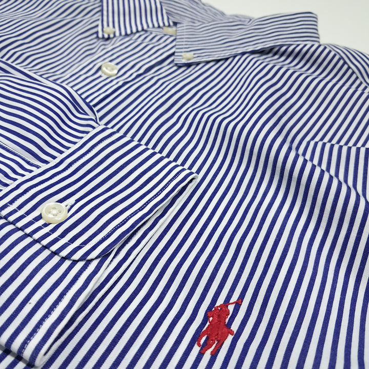 [SOLD OUT] CK132 2XLT 폴로 코튼 로얄블루 스트라이프 레드포니 셔츠 남방