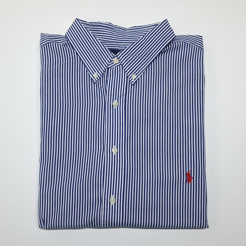 [SOLD OUT] CK132 2XLT 폴로 코튼 로얄블루 스트라이프 레드포니 셔츠 남방