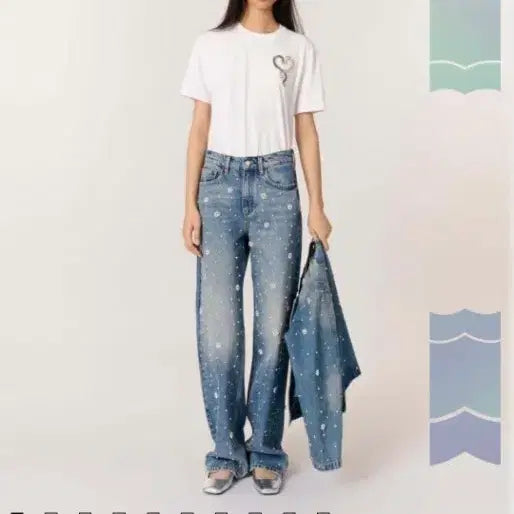 [SOLD OUT] maje 마쥬 플라워 비즈 데님 팬츠 진주 청바지 36사이즈 마인 한섬