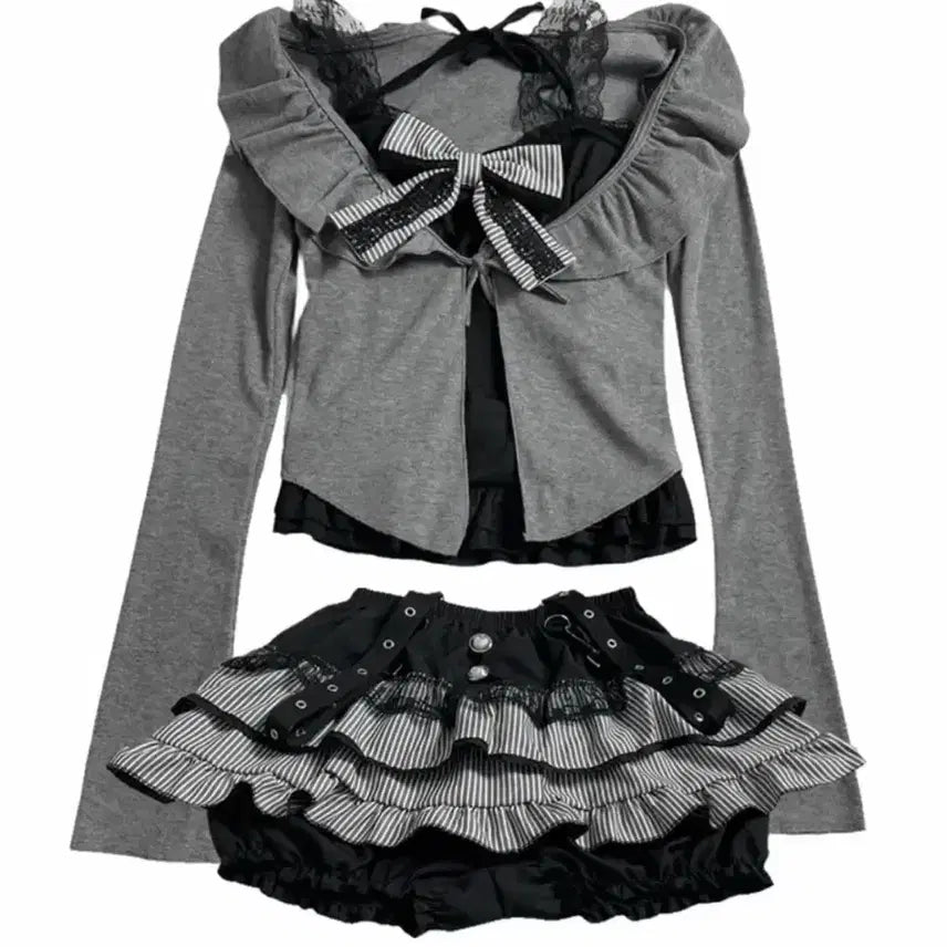 [BUNJANG] Hinitsuki Lace Ribbon Two-Piece Set / 히니츠키 레이스 리본 셋업 투피스