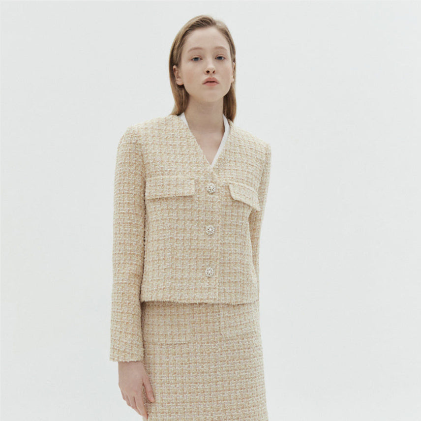 [BUNJANG] The Izzat Tweed Jacket Skirt Set Yellow Silver Button Size 66 / 더 아이잗 트위드 자켓 스커트 셋업