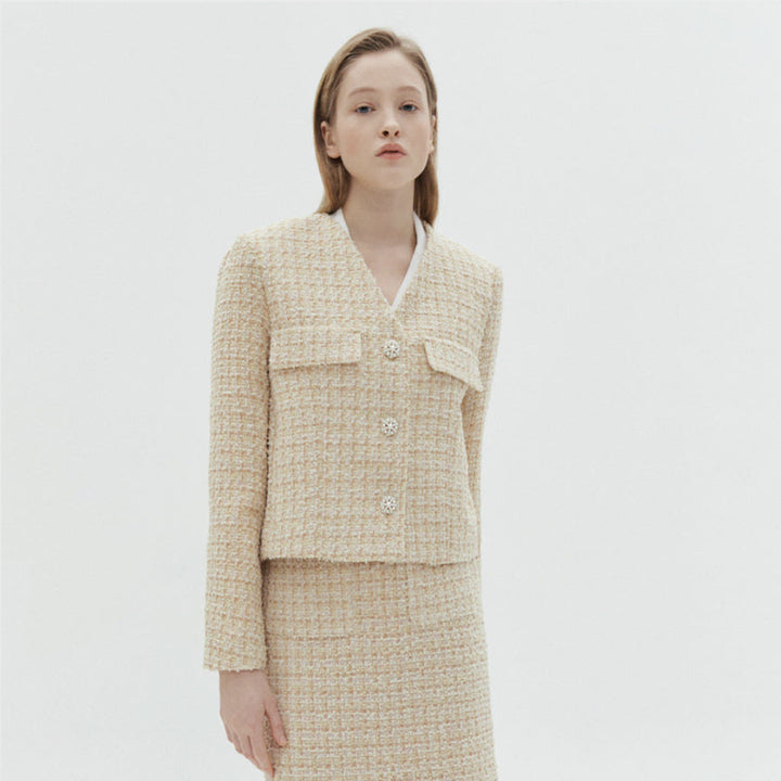 [BUNJANG] The Izzat Tweed Jacket Skirt Set Yellow Silver Button Size 66 / 더 아이잗 트위드 자켓 스커트 셋업