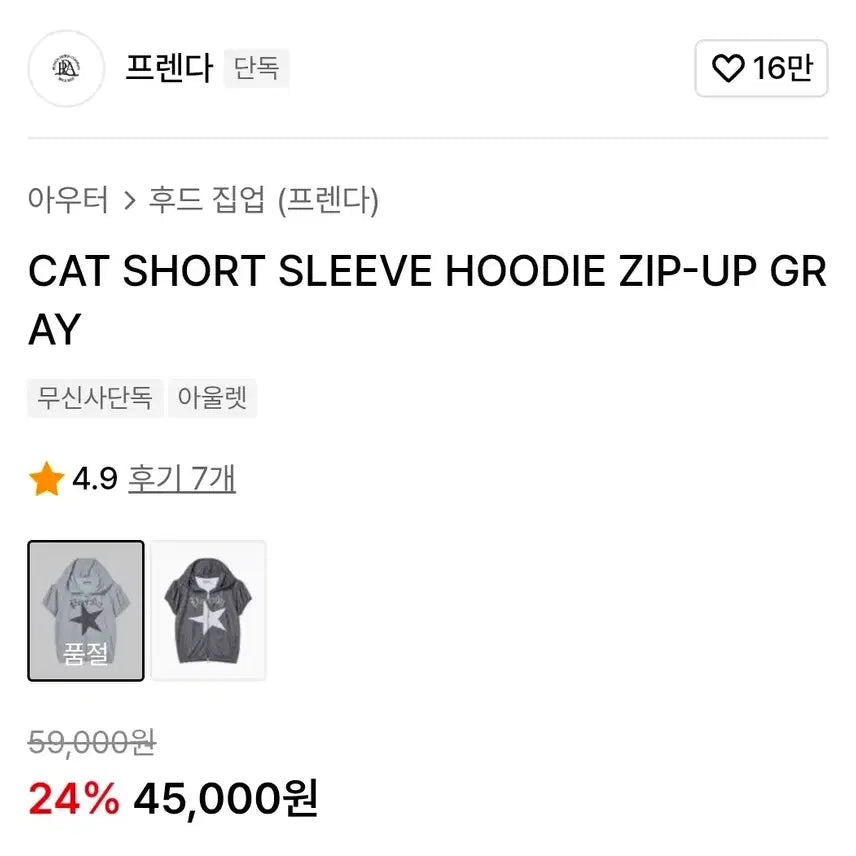 [SOLD OUT] 프렌다 반팔 도트 후드 집업 그레이
