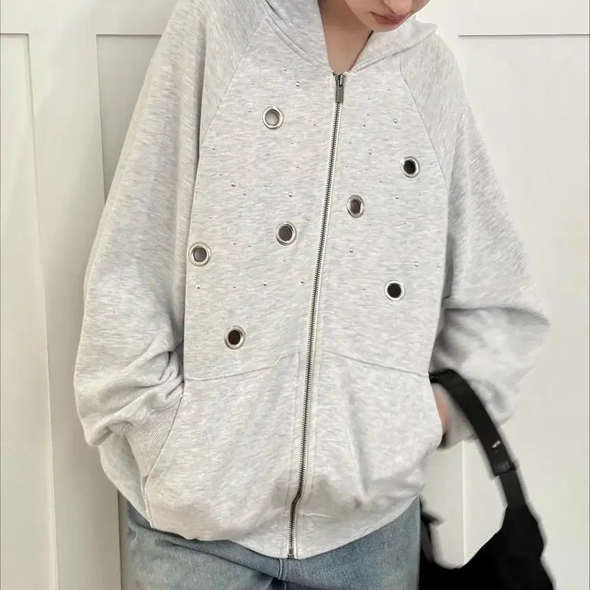 [BUNJANG] Paintchual Stud Circle-ring Hoodie / 페인츄얼 Stud Circle-ring Hoodie-화이트 멜란지