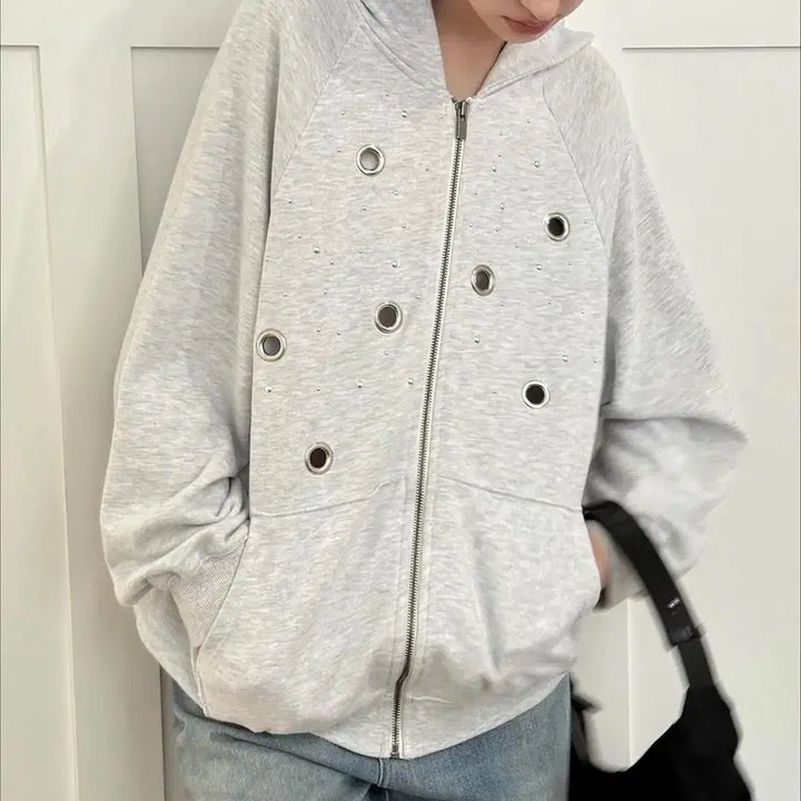 [BUNJANG] Paintchual Stud Circle-ring Hoodie / 페인츄얼 Stud Circle-ring Hoodie-화이트 멜란지