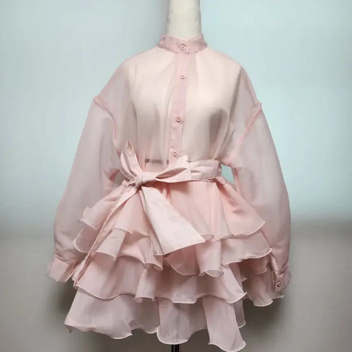 [BUNJANG] Pink Sheer Frill Mini Dress / [새제품] 핑크 시스루 프릴 미니 원피스 free