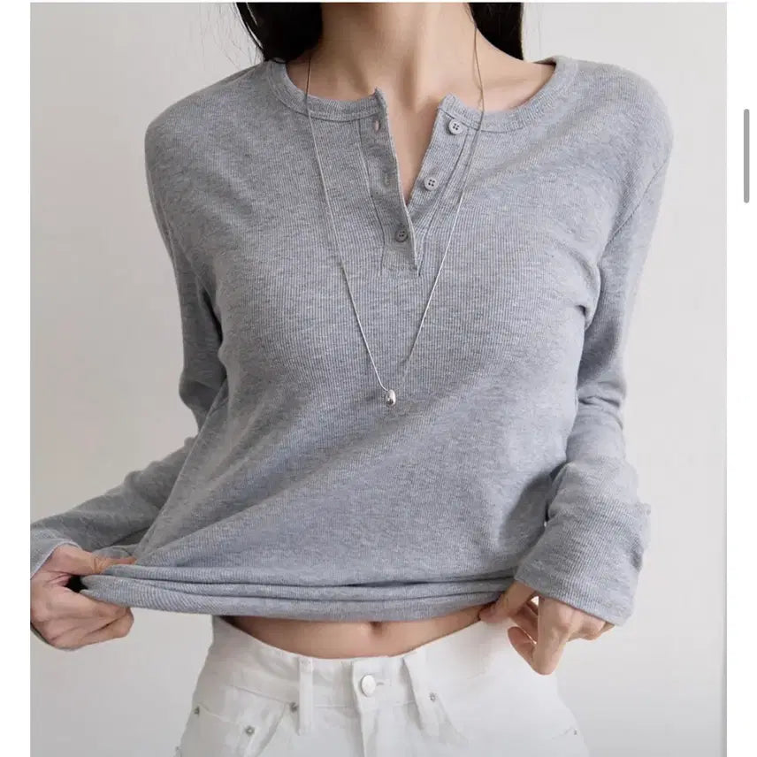 [BUNJANG] Melange Grey Henley Neck Long Sleeve T-Shirt / 메란지 그레이 레이어드티/이너티/기본티 긴팔티셔츠 헨리넥 긴팔 티셔츠
