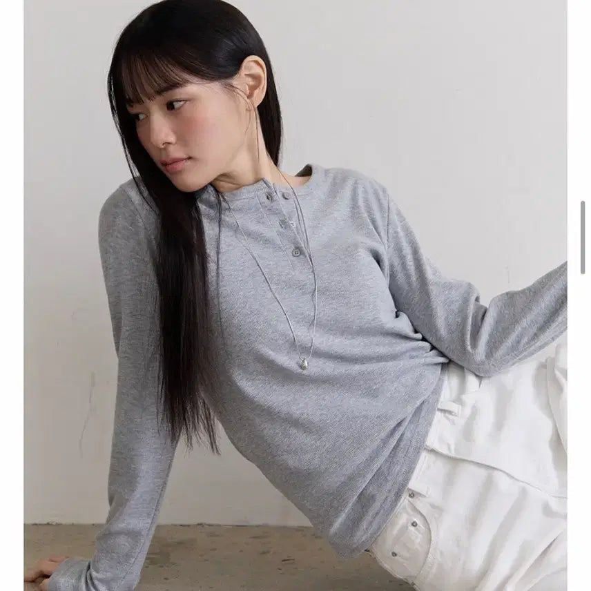 [BUNJANG] Melange Grey Henley Neck Long Sleeve T-Shirt / 메란지 그레이 레이어드티/이너티/기본티 긴팔티셔츠 헨리넥 긴팔 티셔츠