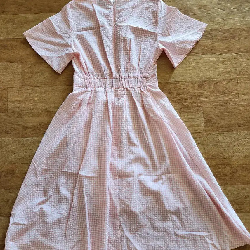[BUNJANG] Pink Gingham Check Midi Dress / 핑크 깅엄체크 반팔 원피스