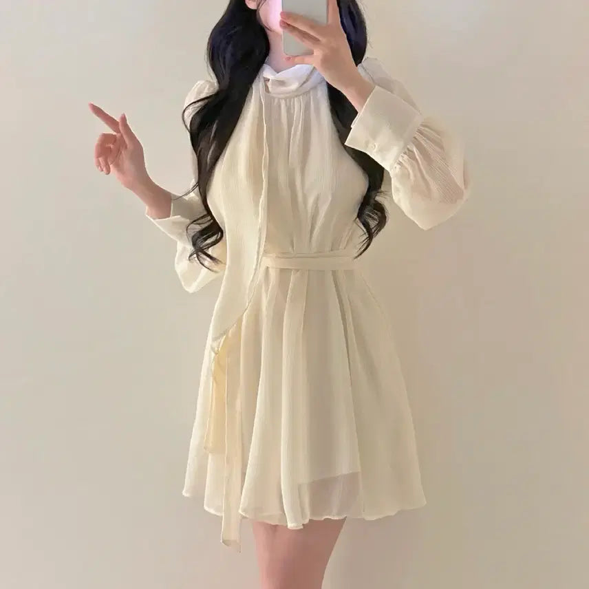 [BUNJANG] High-Quality Ivory Chiffon Mini Dress with Tie Ribbon / 원가66[새상품]고퀄 환승연애 현지 아이보리 타이 리본 쉬폰 미니 원피스