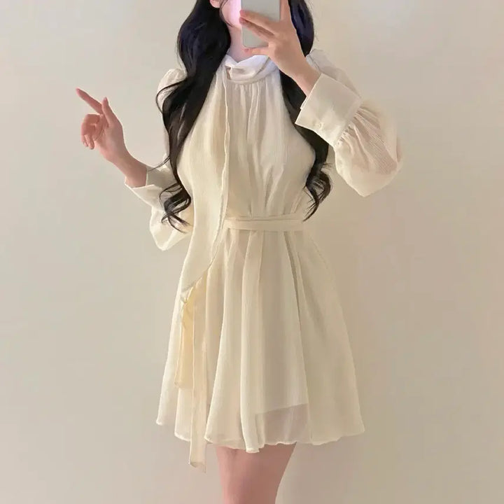 [BUNJANG] High-Quality Ivory Chiffon Mini Dress with Tie Ribbon / 원가66[새상품]고퀄 환승연애 현지 아이보리 타이 리본 쉬폰 미니 원피스