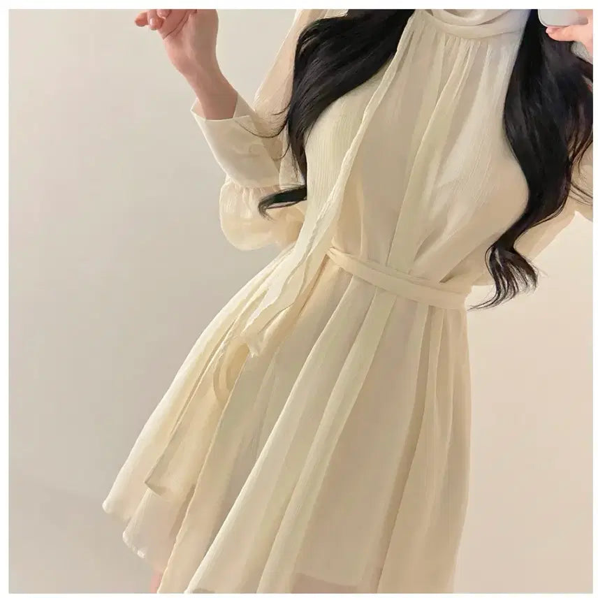 [BUNJANG] High-Quality Ivory Chiffon Mini Dress with Tie Ribbon / 원가66[새상품]고퀄 환승연애 현지 아이보리 타이 리본 쉬폰 미니 원피스
