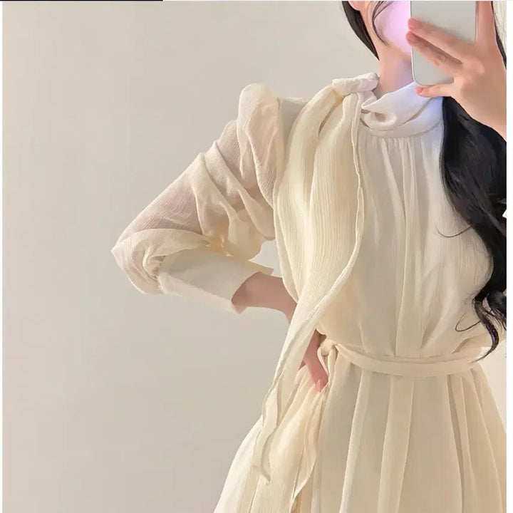 [BUNJANG] High-Quality Ivory Chiffon Mini Dress with Tie Ribbon / 원가66[새상품]고퀄 환승연애 현지 아이보리 타이 리본 쉬폰 미니 원피스