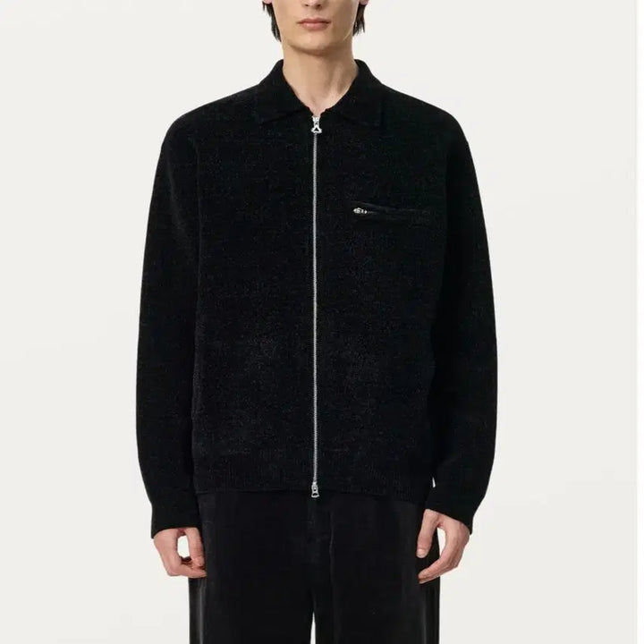 [BUNJANG] Solid Homme Black Velvet Collar Knit Zip-Up Size 50 / (새제품)솔리드옴므/블랙 벨벳 카라 니트 집업/50