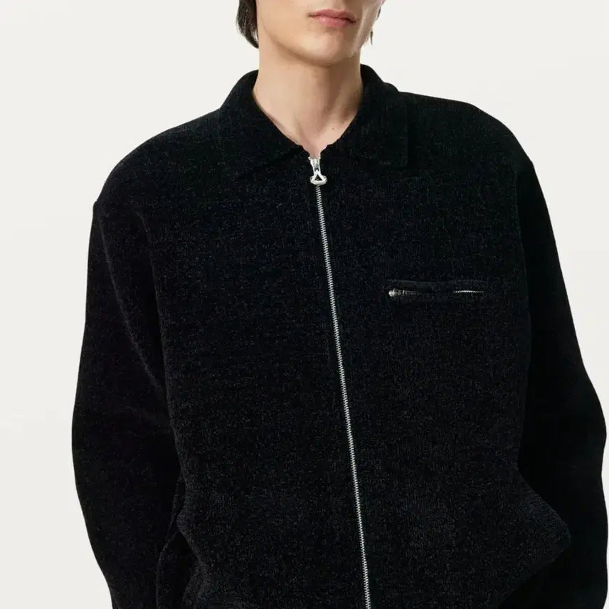[BUNJANG] Solid Homme Black Velvet Collar Knit Zip-Up Size 50 / (새제품)솔리드옴므/블랙 벨벳 카라 니트 집업/50