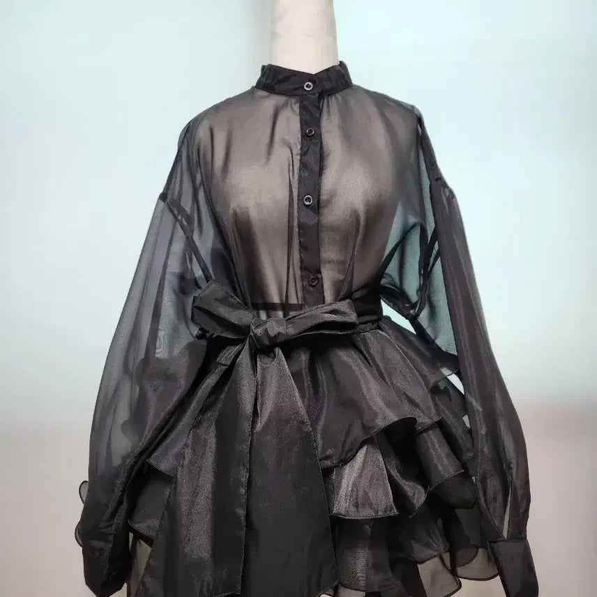 [BUNJANG] Black See-through Ribbon Blouse with Frill Skirt / [새제품] 블랙 시스루 리본 블라우스 프릴 스커트