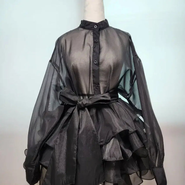 [BUNJANG] Black See-through Ribbon Blouse with Frill Skirt / [새제품] 블랙 시스루 리본 블라우스 프릴 스커트
