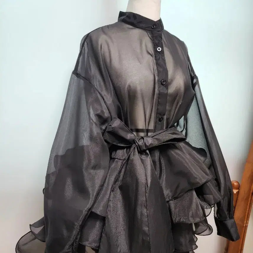 [BUNJANG] Black See-through Ribbon Blouse with Frill Skirt / [새제품] 블랙 시스루 리본 블라우스 프릴 스커트