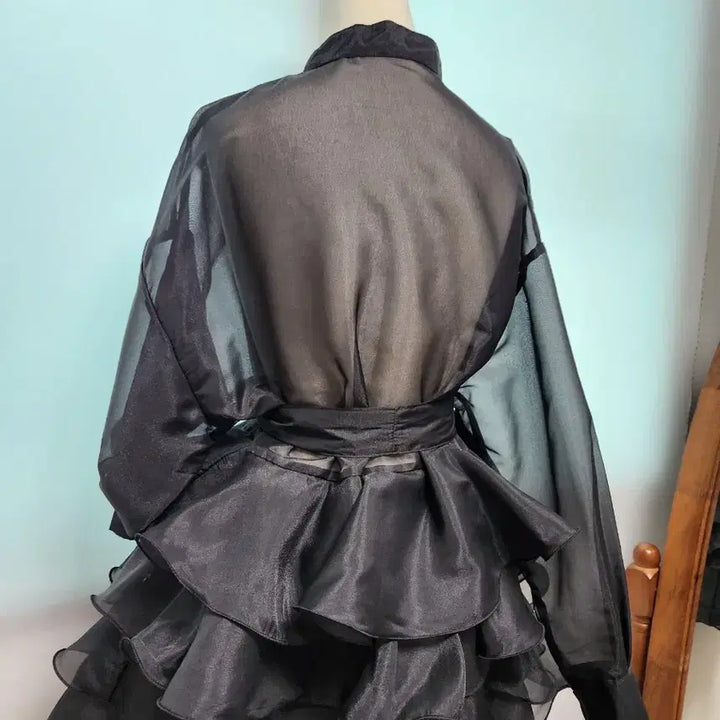 [BUNJANG] Black See-through Ribbon Blouse with Frill Skirt / [새제품] 블랙 시스루 리본 블라우스 프릴 스커트