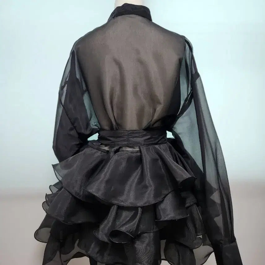 [BUNJANG] Black See-through Ribbon Blouse with Frill Skirt / [새제품] 블랙 시스루 리본 블라우스 프릴 스커트
