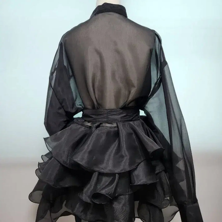 [BUNJANG] Black See-through Ribbon Blouse with Frill Skirt / [새제품] 블랙 시스루 리본 블라우스 프릴 스커트