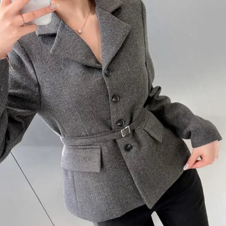 [BUNJANG] High-Quality Buttoned Collar Belted Jacket / 원가97[새상품]국내제작 하이퀄리티 단추 카라 벨트 자켓 라이트미