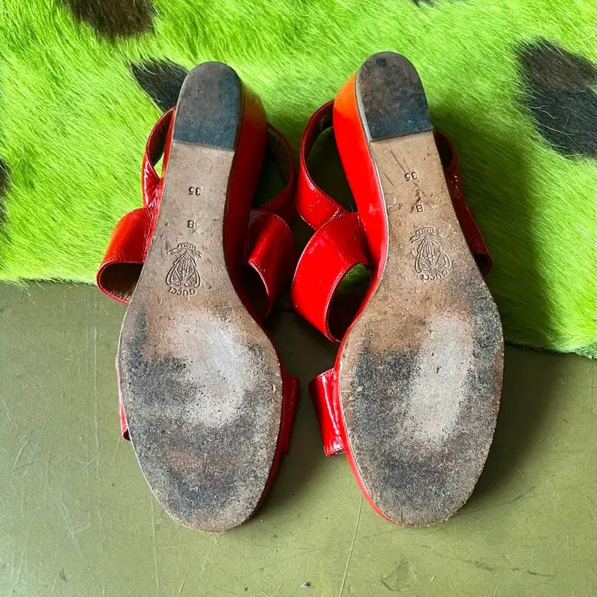 [BUNJANG] Gucci Vintage Red Patent Leather Sandals / 1980s GUCCI 구찌 빈티지 레드 페이던트 에나멜 레더 샌들 슈즈