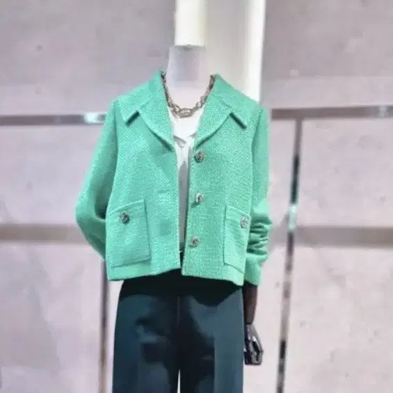 [BUNJANG] LINE Mint Tweed Crop Jacket / 라인 민트 트위드 크롭 자켓