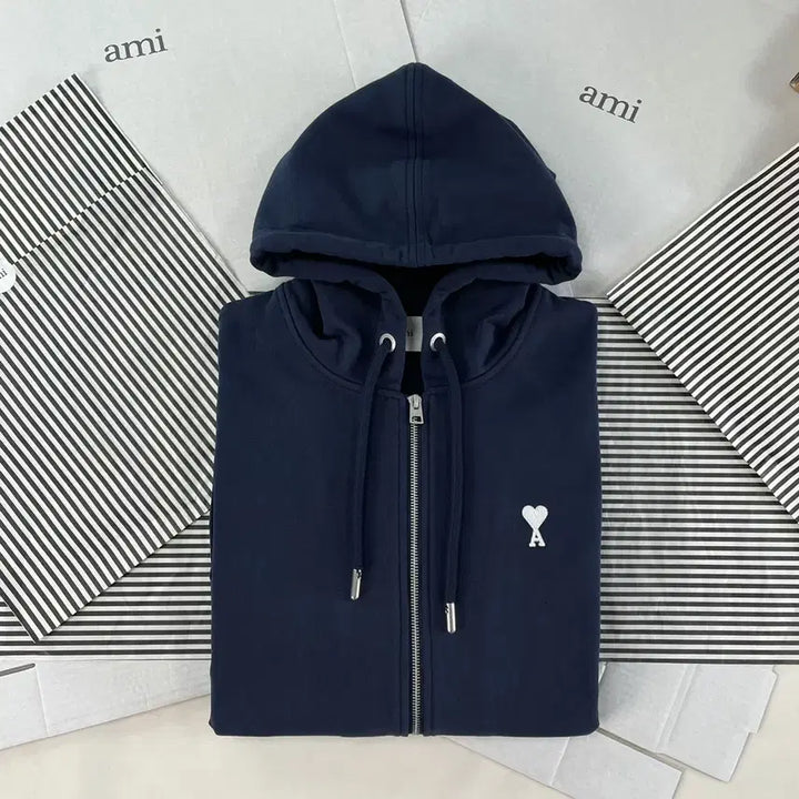 [BUNJANG] AMI Small Logo Embroidered Hoodie - Navy / 아미 AMI 후드집업 네이비 자수 하트 스몰로고  봄
