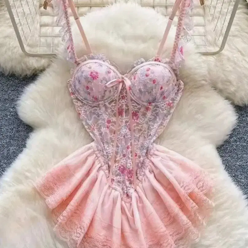 [BUNJANG] Flower Lace Bustier Dress - Pink / 플라워 레이스 뷔스티에 원피스 핑크