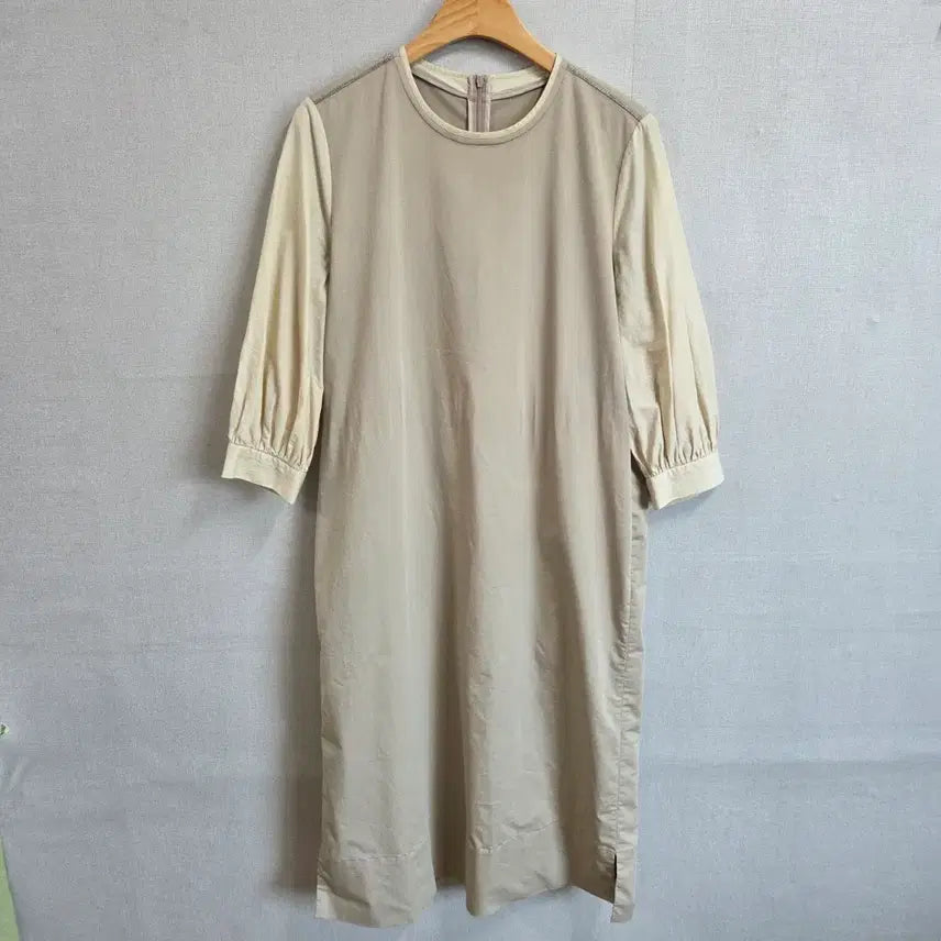 [BUNJANG] JJ899 Beige Colorblock 3/4 Sleeve Dress / 여성 배색 7부 소매 바스락 원피스 베이지 F JJ899