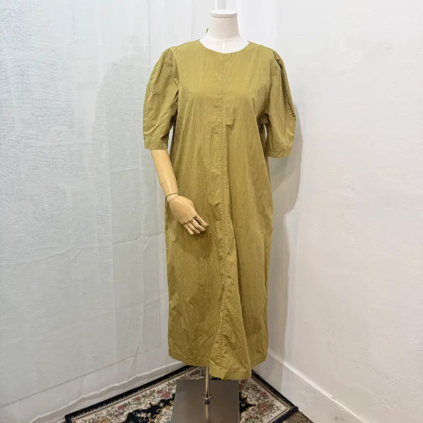 [BUNJANG] Olive Crinkle Nylon Long Dress / 올리브 바스락 나일론 반팔롱원피스 롱드레스 4355