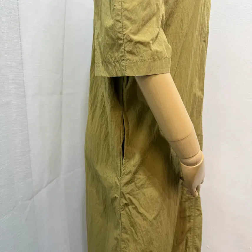 [BUNJANG] Olive Crinkle Nylon Long Dress / 올리브 바스락 나일론 반팔롱원피스 롱드레스 4355