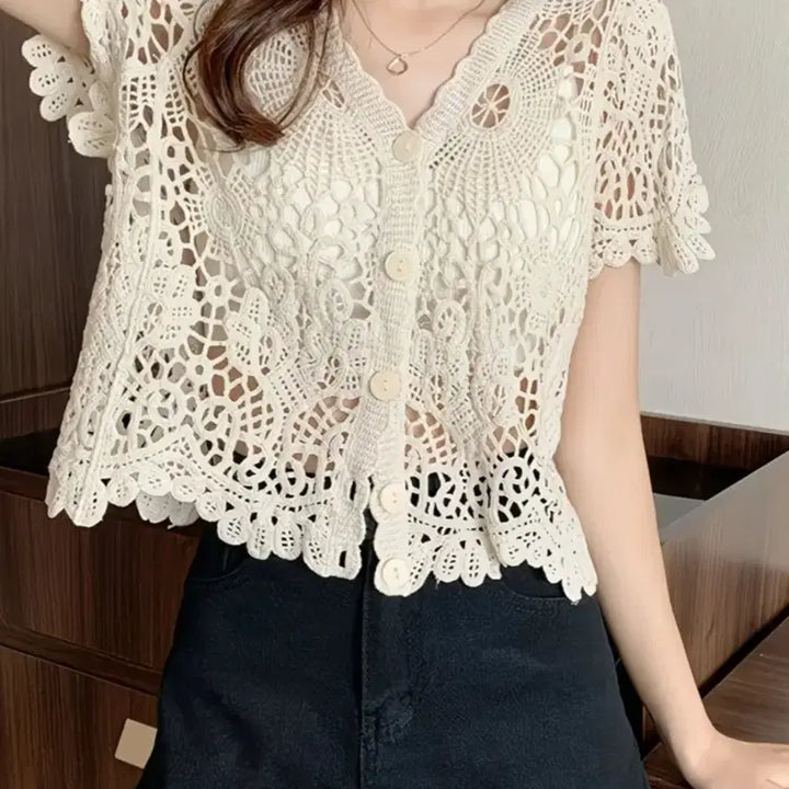 [SOLD OUT] 아이보리 크로셰 뜨개 반팔 가디건(새상품 프리사이즈)