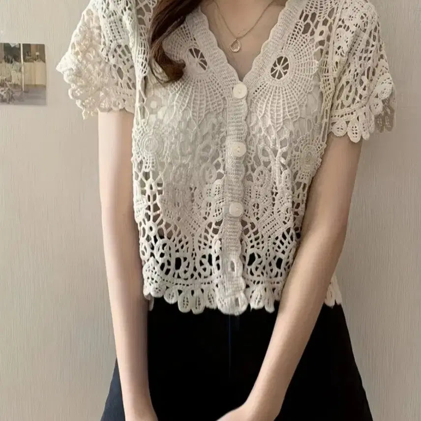 [SOLD OUT] 아이보리 크로셰 뜨개 반팔 가디건(새상품 프리사이즈)