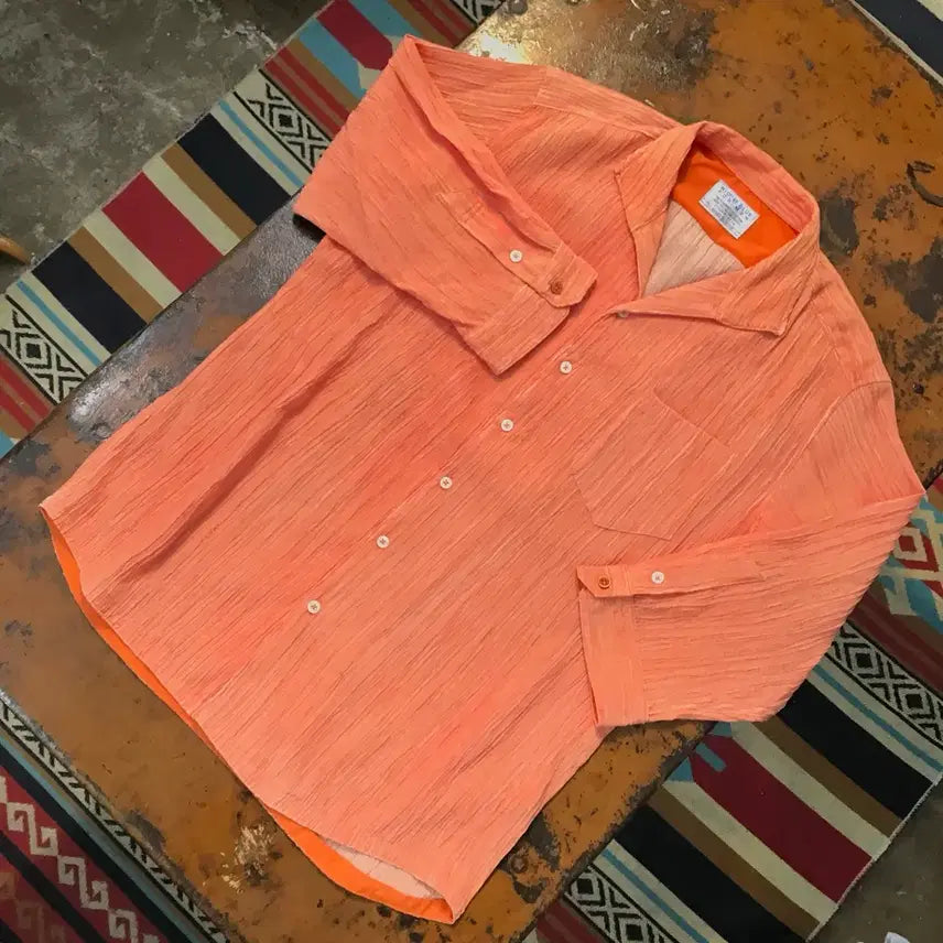 [BUNJANG] Vintage Orange Chiffon Shirt / Japan 빈티지 오렌지 쉬폰 5부 셔츠 남방 여성 66 남성 100