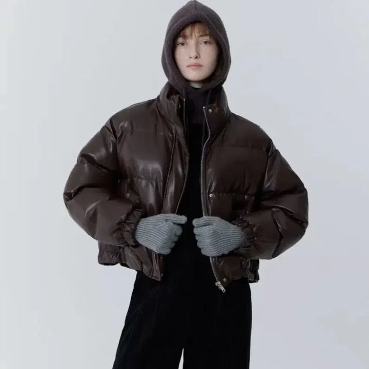 [BUNJANG] Julia Pepe Urban Crop Leather Padded Jacket Brown / 줄리아페페 어반 크롭 레더 패딩 브라운