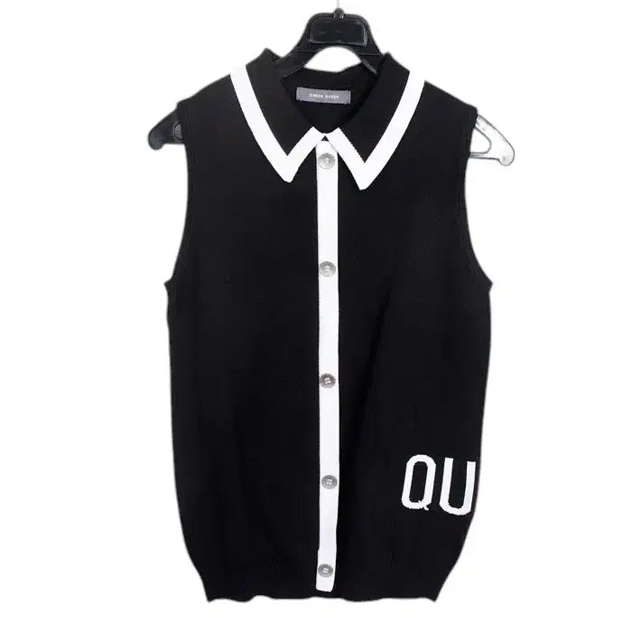 [BUNJANG] Green Queen Color Block Knit Vest BK / 여성L/ 그린퀸 카라 배색 니트조끼BK 21-115