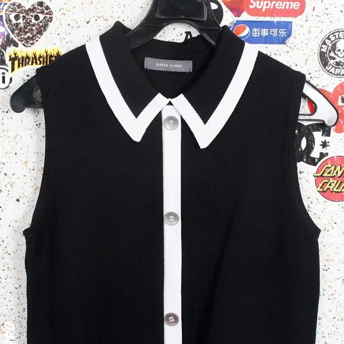 [BUNJANG] Green Queen Color Block Knit Vest BK / 여성L/ 그린퀸 카라 배색 니트조끼BK 21-115